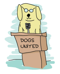 A dog with glasses standing at a podium where 'DOGS UNITED' is written